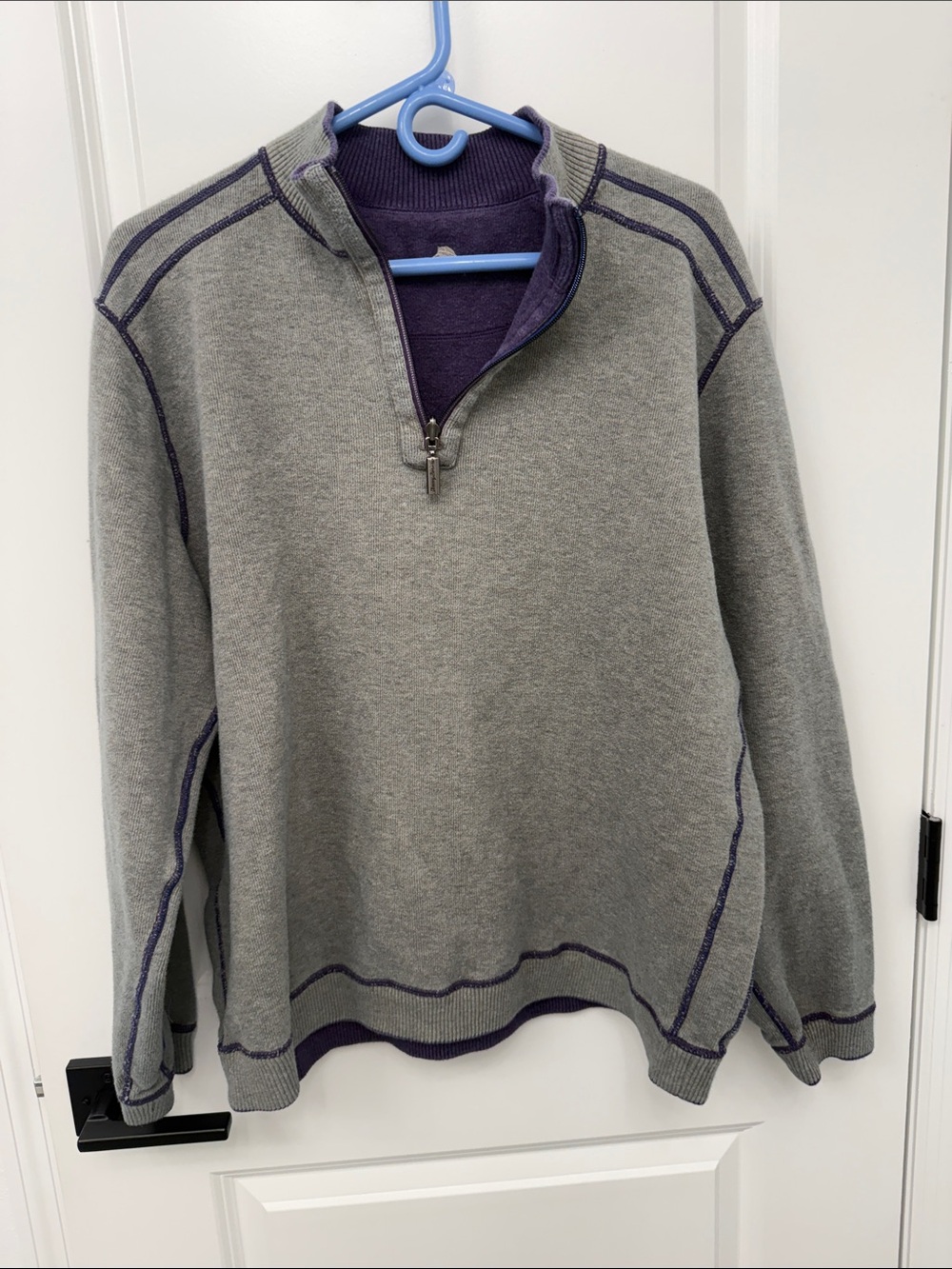 Tommy Bahama Reversible  Gray/Purple Quarter-Zip Sweater with Purple/Gray Trim